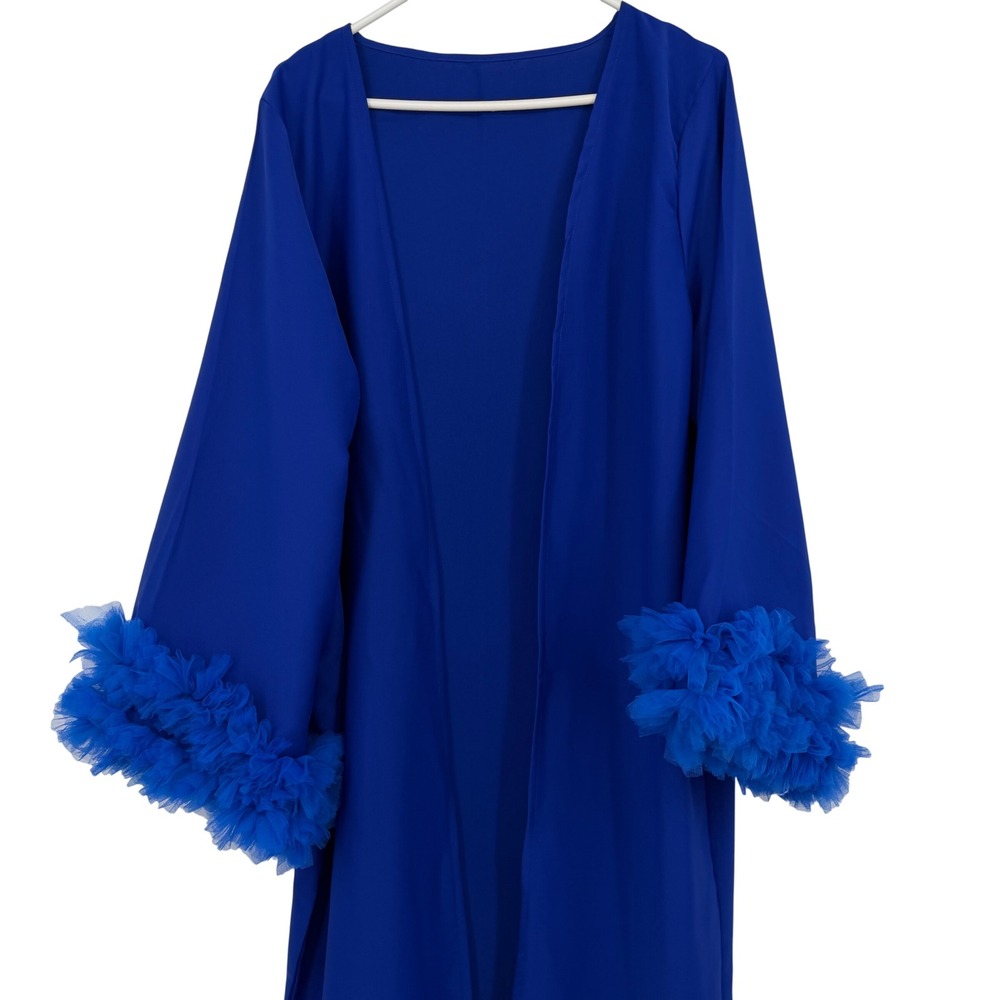 Royal Blue Open Front Dressing Robe Duster with Tulle Ruffle Cuffs Avant Garde L